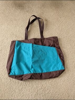 Crate & Barrel Everyday Two-Tone Canvas Tote Bag - Teal and Brown
